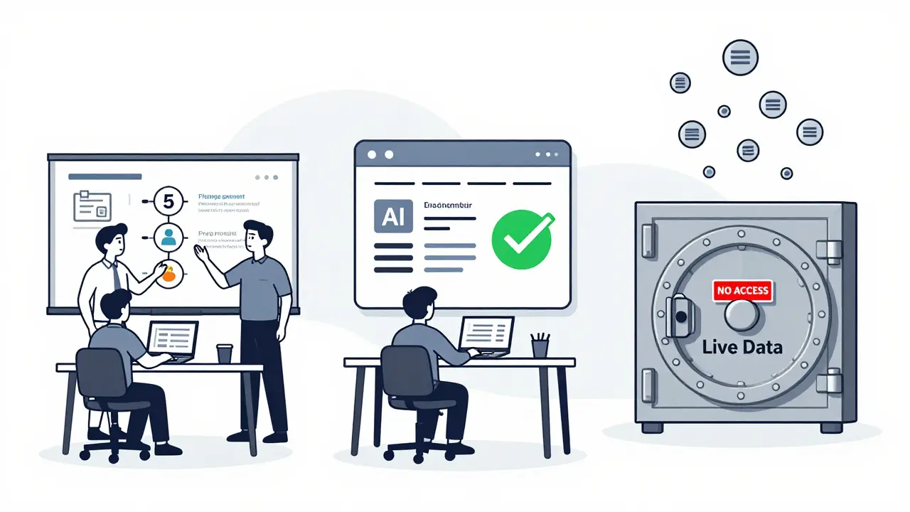 A fintech team using a prompt template, generating a compliant report, while live data remains locked away.
