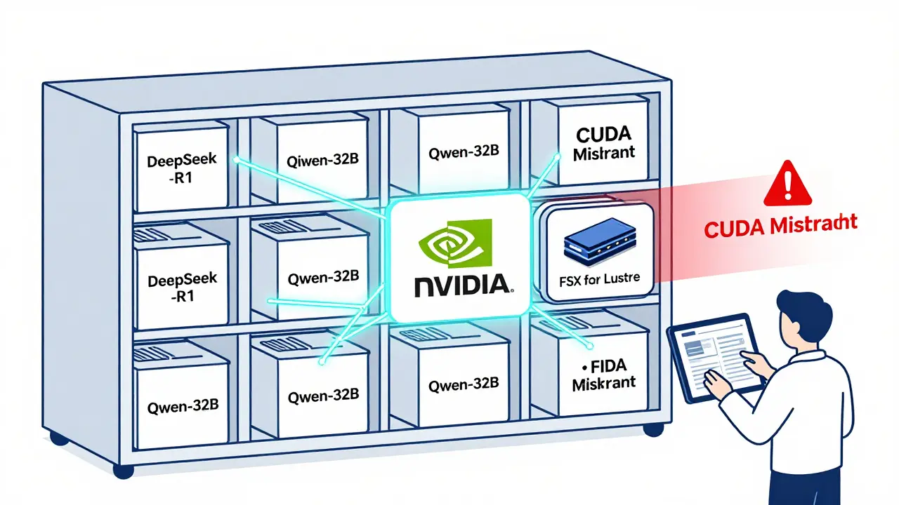 A server rack with optimized LLM containers linked to NVIDIA and high-speed storage, while a mismatch error fades away and a technician checks a compatibility chart.