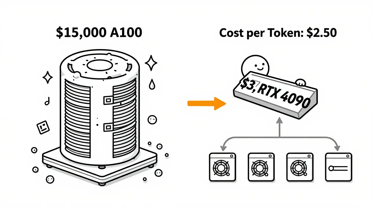 A small consumer GPU outperforming a large enterprise GPU in cost efficiency for LLM tasks.