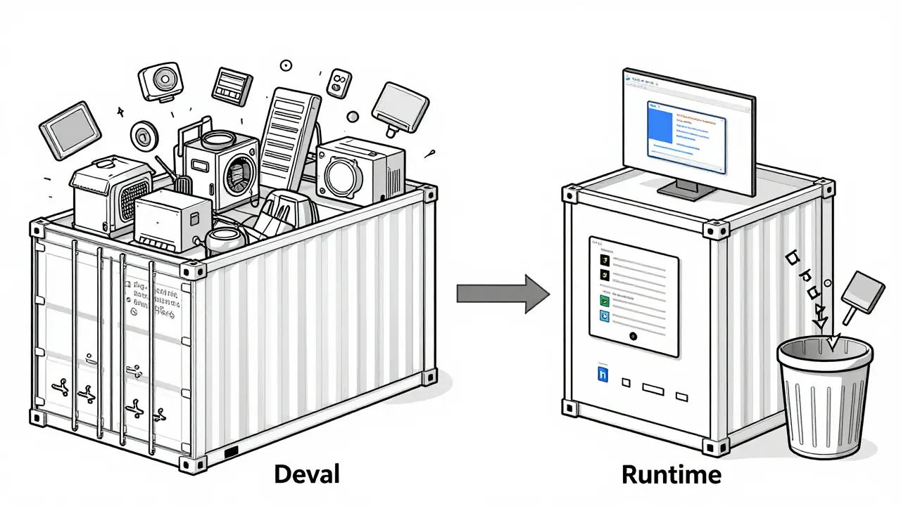 A split monoline illustration showing a bloated development container on the left and a slim runtime container on the right, with discarded build tools flowing downward.