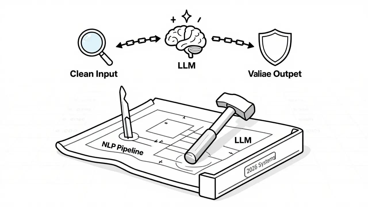 A toolbox with scalpel and sledgehammer tools on a hybrid workflow blueprint, representing smart NLP system design.