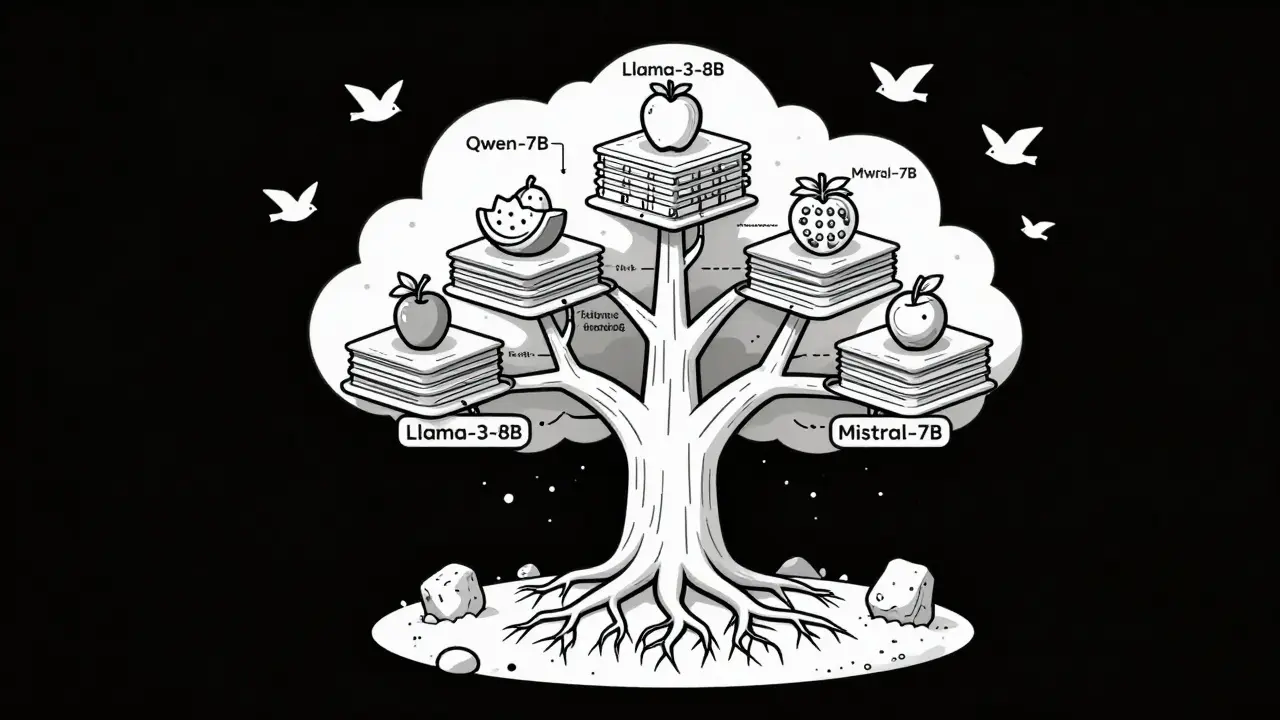 A tree growing from a CPU with fruit labeled as compressed LLMs, symbolizing efficient AI deployment.