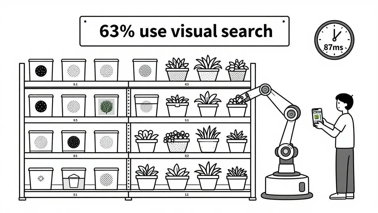 A warehouse with product vectors being matched to a photo upload, showing visual search in action.