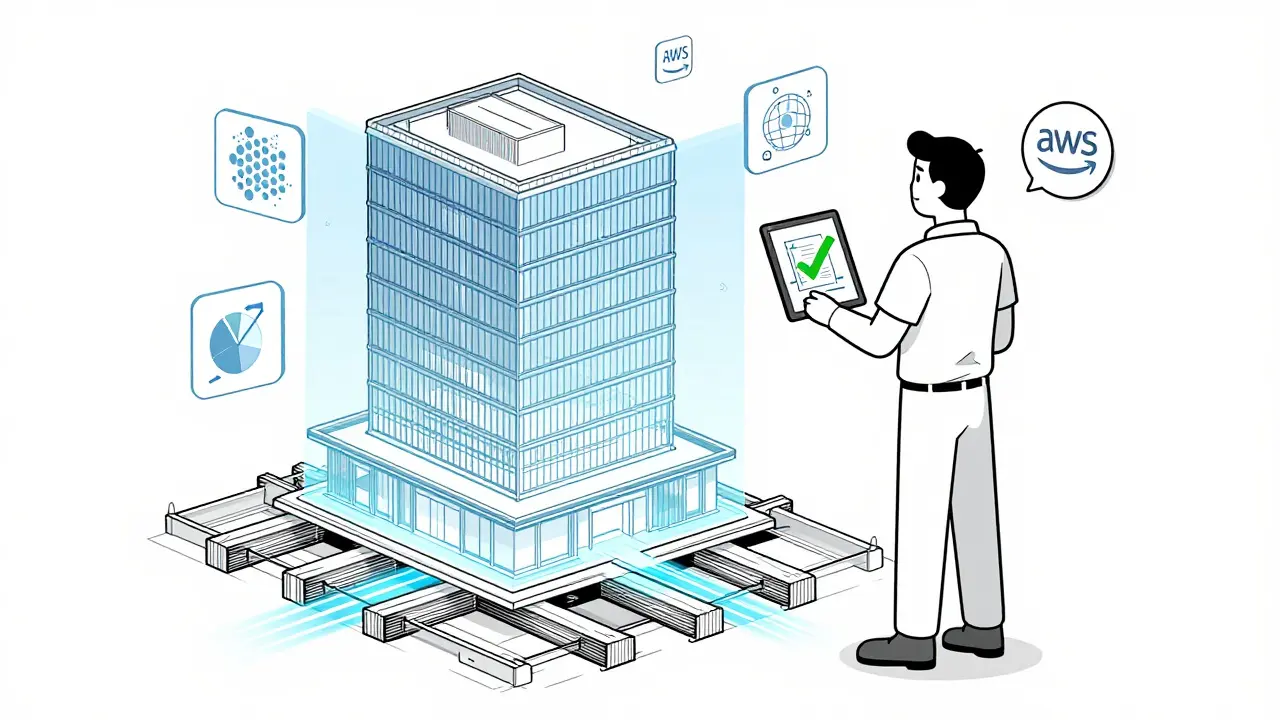 An architect reviewing an AI-generated building design with hidden structural and energy systems visible.
