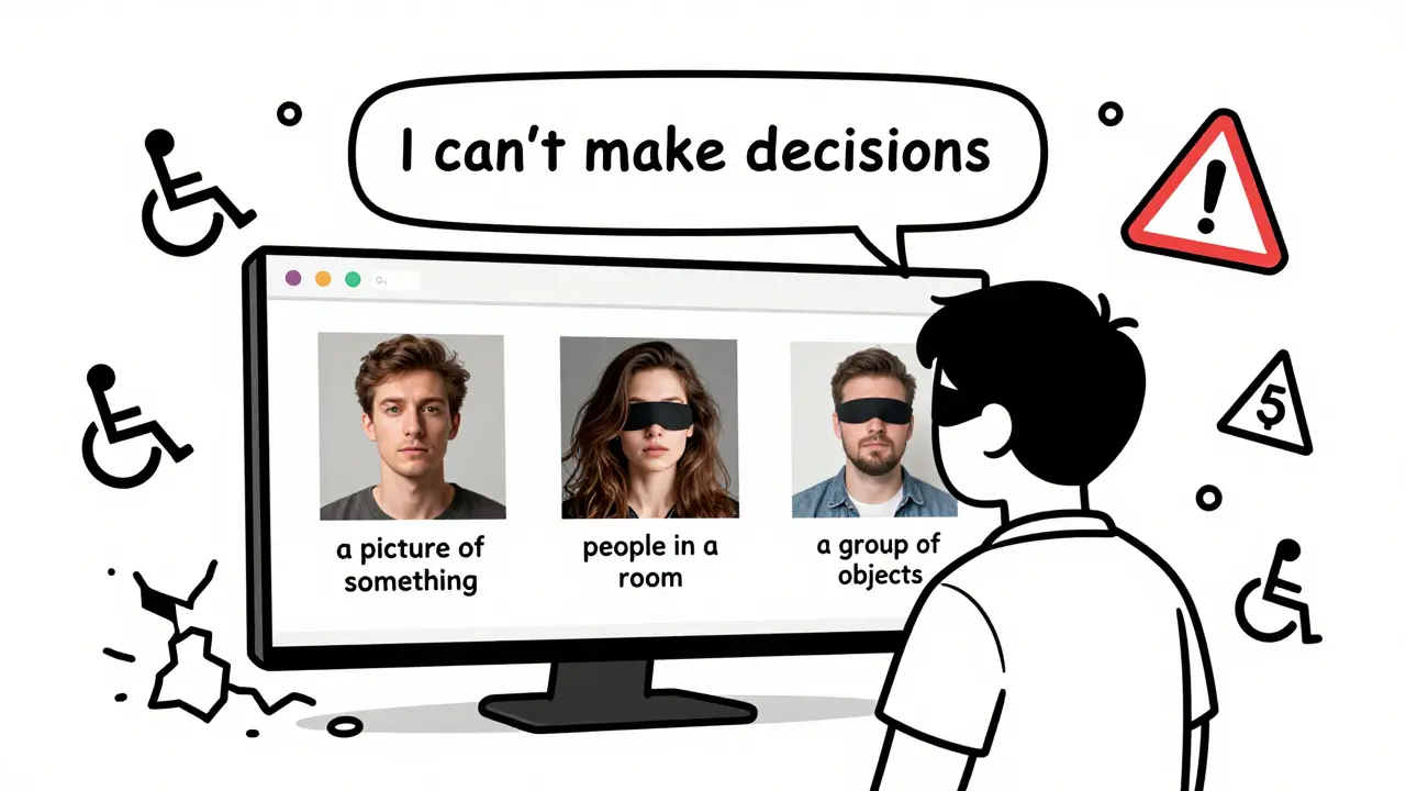 Blind user facing three AI-generated images with useless alt text like 'a picture of something' and 'people in a room'.