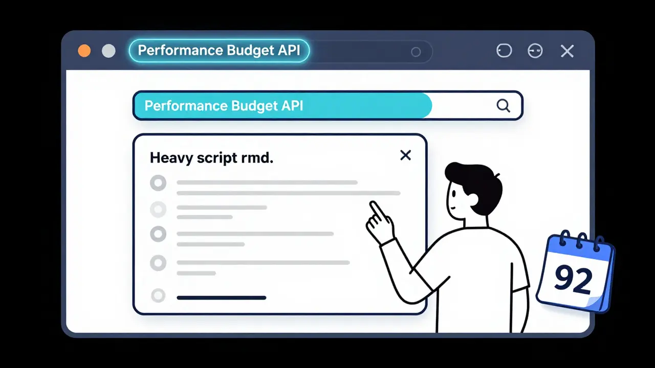 Browser automatically pausing a heavy script with a Performance Budget API bar and Lighthouse score of 92 visible.