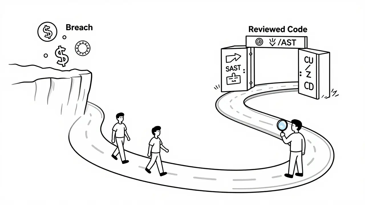CI/CD pipeline showing safe vs. dangerous paths for AI-generated code in monoline illustration