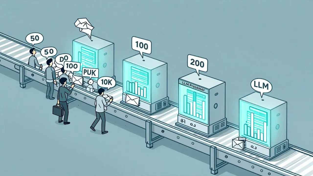 Customer requests being grouped into batches on a conveyor belt leading to an LLM processor.