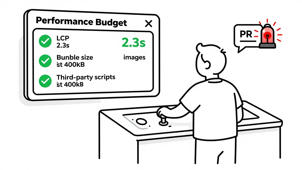 Developer adjusting performance budget controls with a dashboard showing good metrics and a failing PR alert.