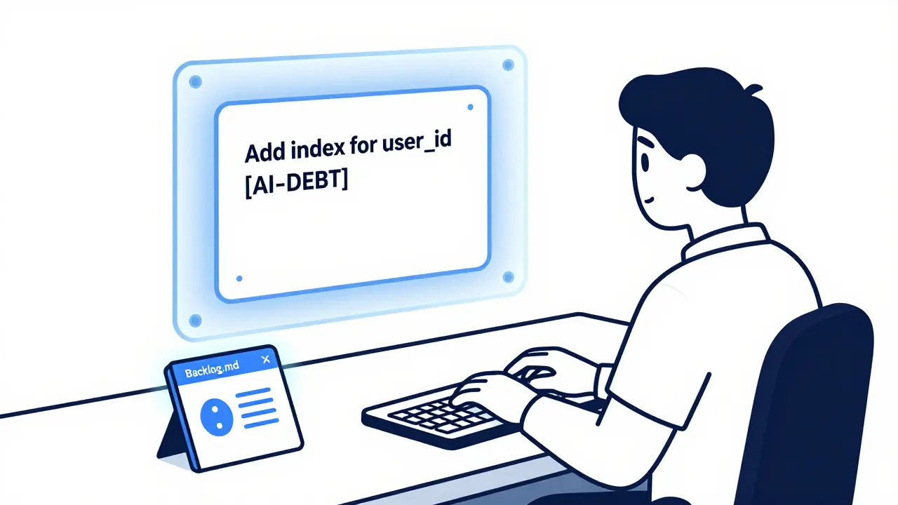Developer typing as AI generates a labeled debt ticket, with Backlog.md tool glowing nearby.