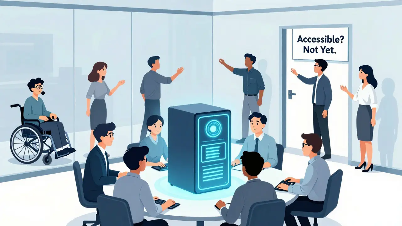 Diverse users with disabilities outside a glass door labeled 'Accessible? Not Yet,' while developers ignore them.