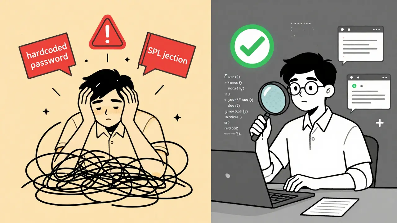 Junior developer reviewing risky AI code with security tools helping them fix errors.