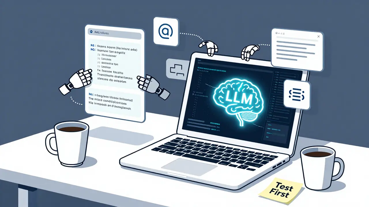 LLM brain processing error traces while robotic hands sort common code failures on a desk.