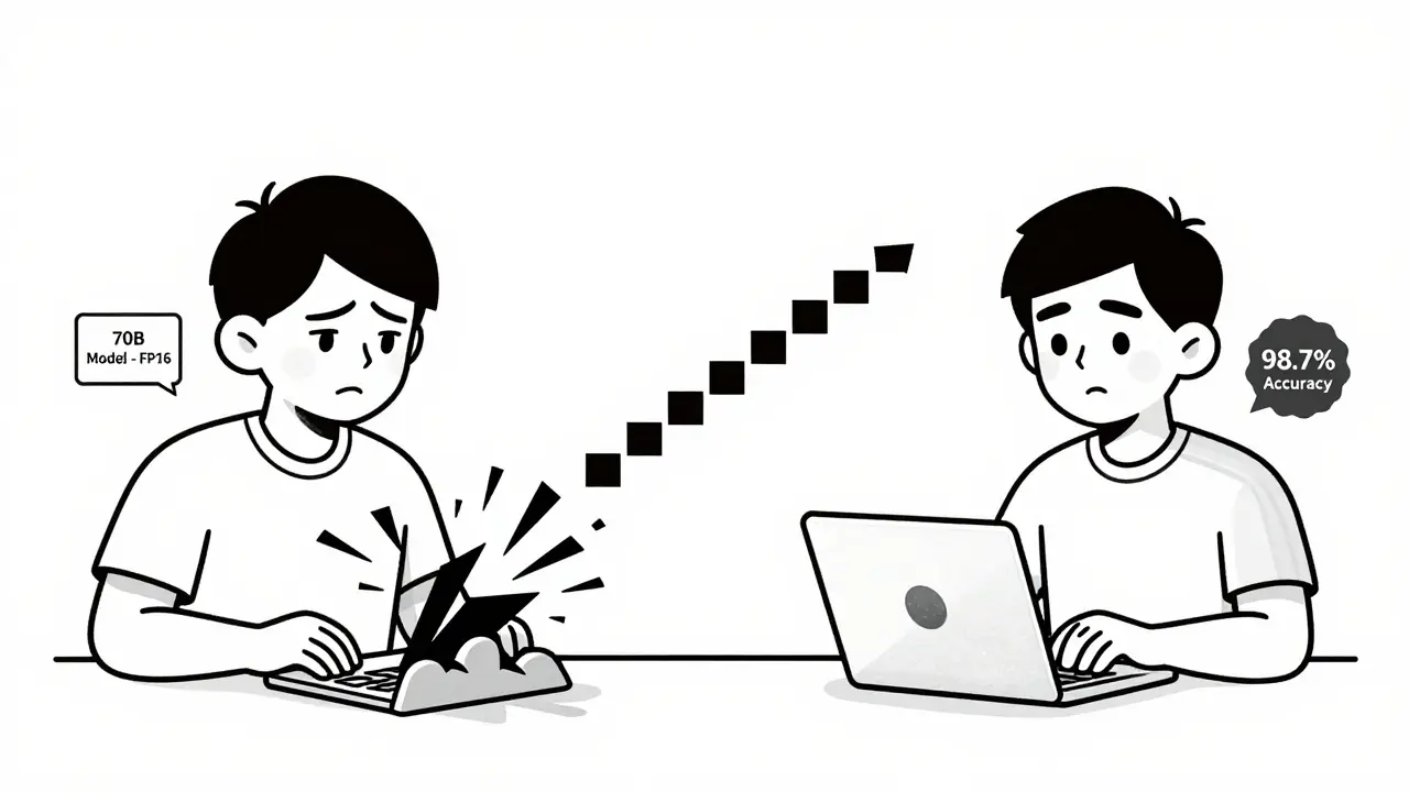 Split scene showing a failed large model vs. a smooth compressed model running on a laptop.