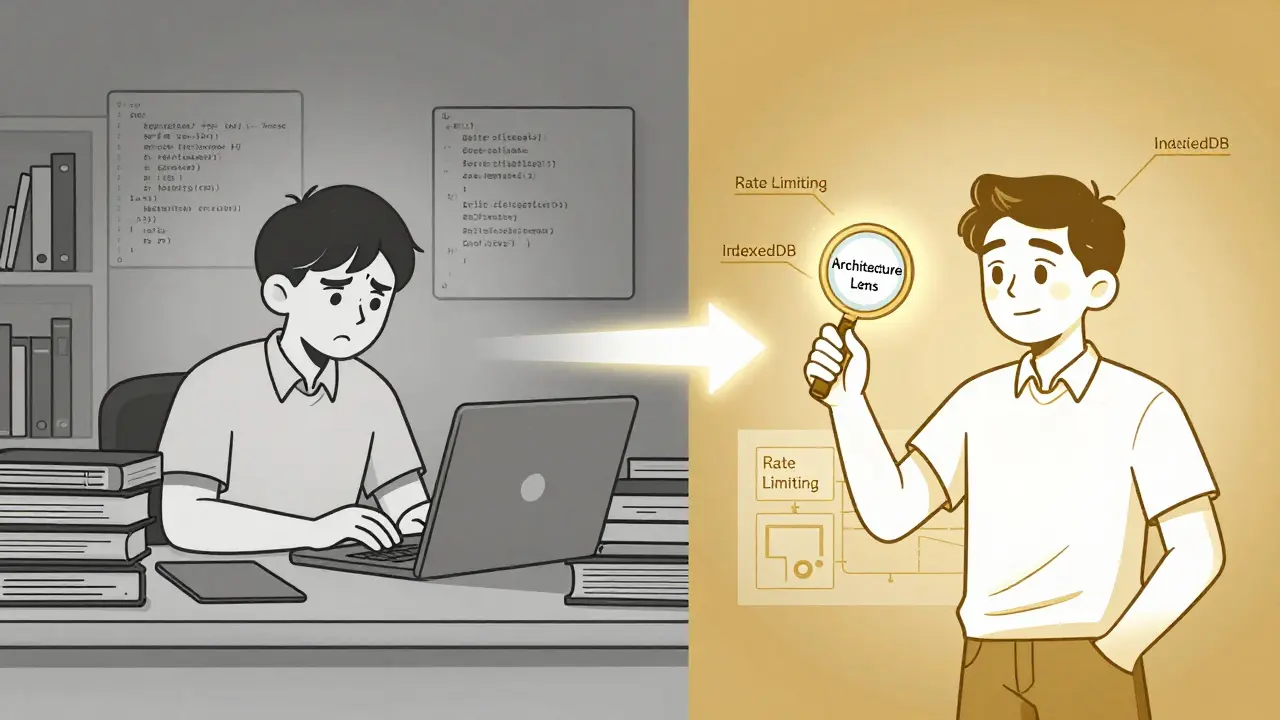 Split scene showing transformation from chaotic coding to confident architectural understanding.