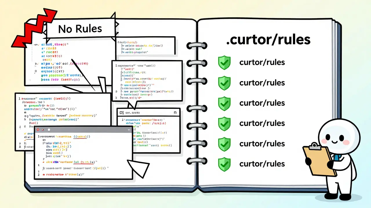 Split screen: chaotic code vs clean code with rulebook and AI assistant, showing impact of pattern libraries.
