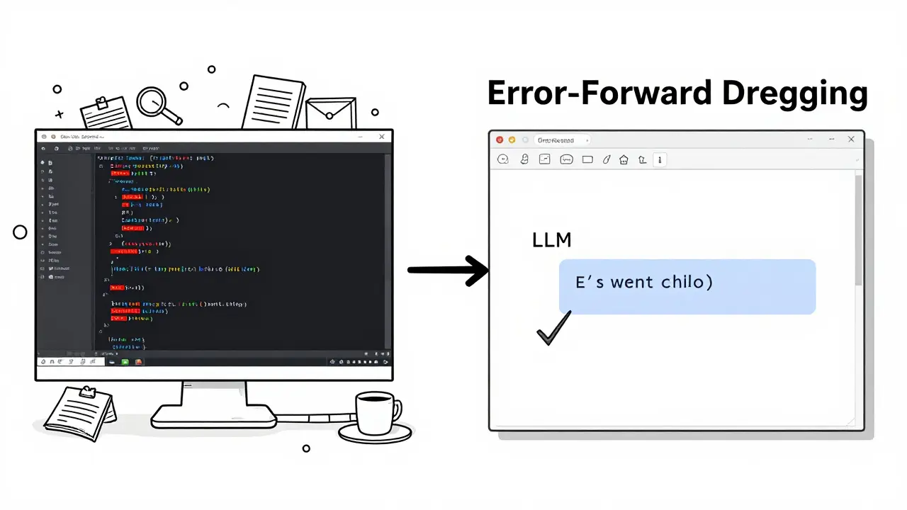 Split-screen: messy debugging vs. clean LLM-generated fix in a streamlined workflow.