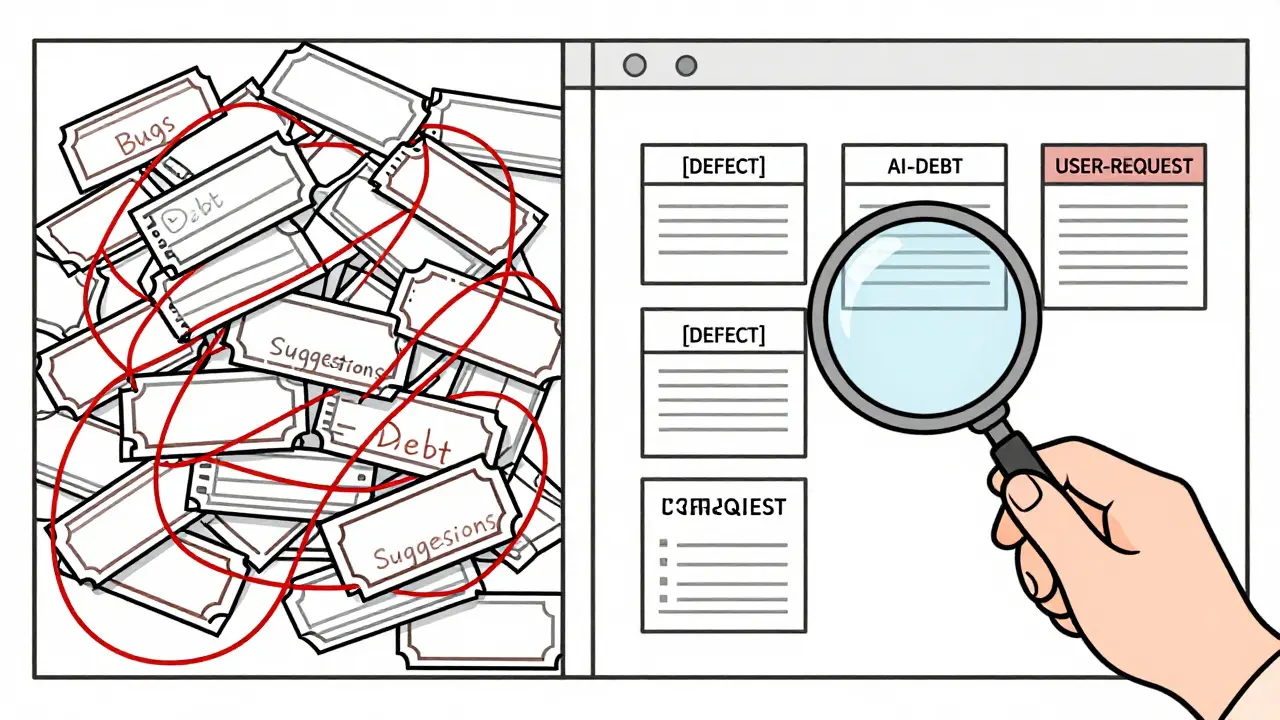 Split view: chaotic backlog vs. organized, tagged issues with human reviewing.