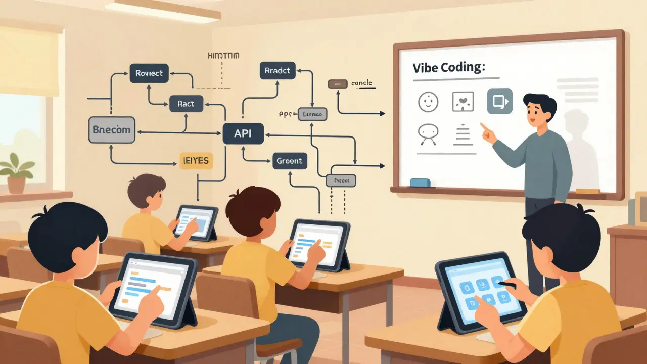 Students interacting with tablets to modify UI elements while seeing real-time code changes.