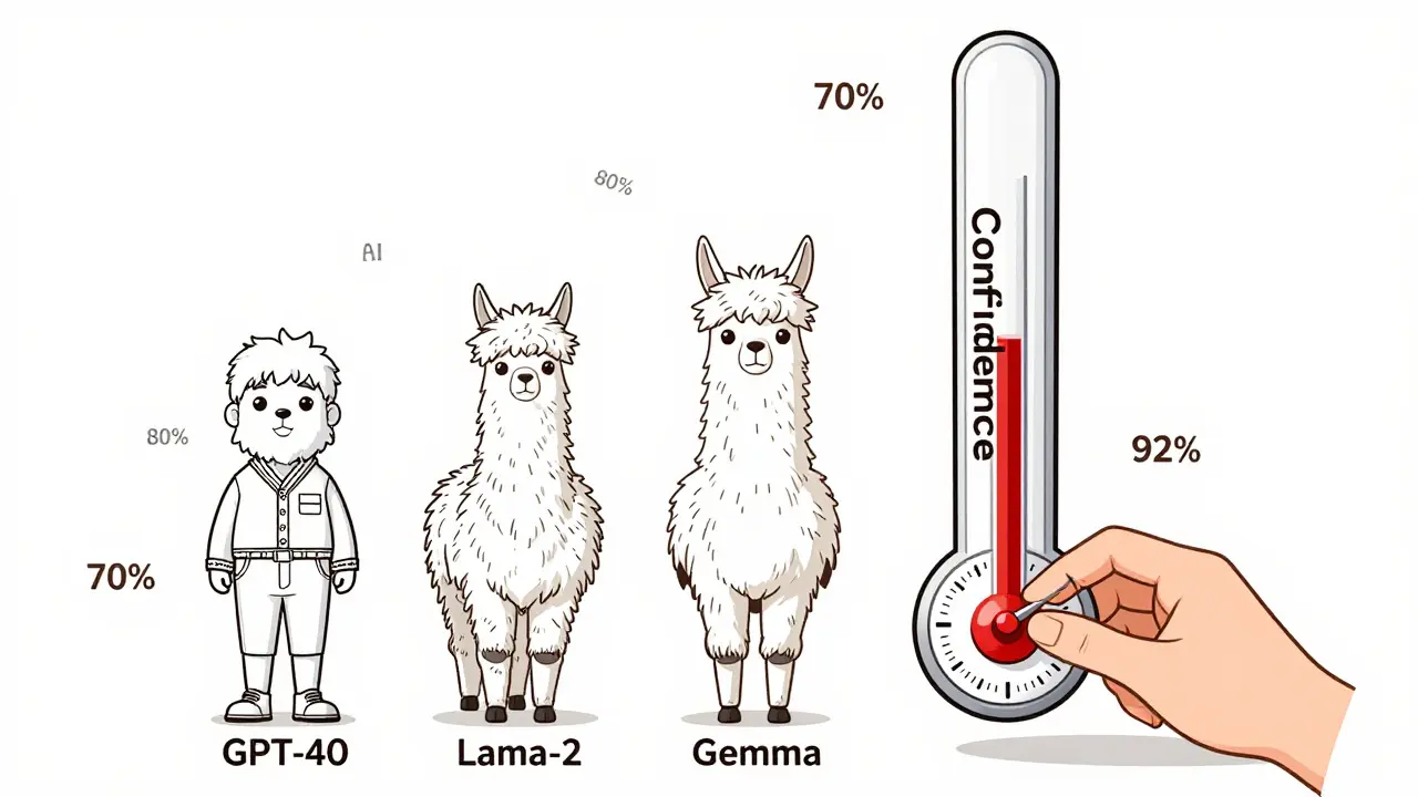 Three AI models compared by confidence level, with a hand adjusting a calibration dial to reduce overconfidence.