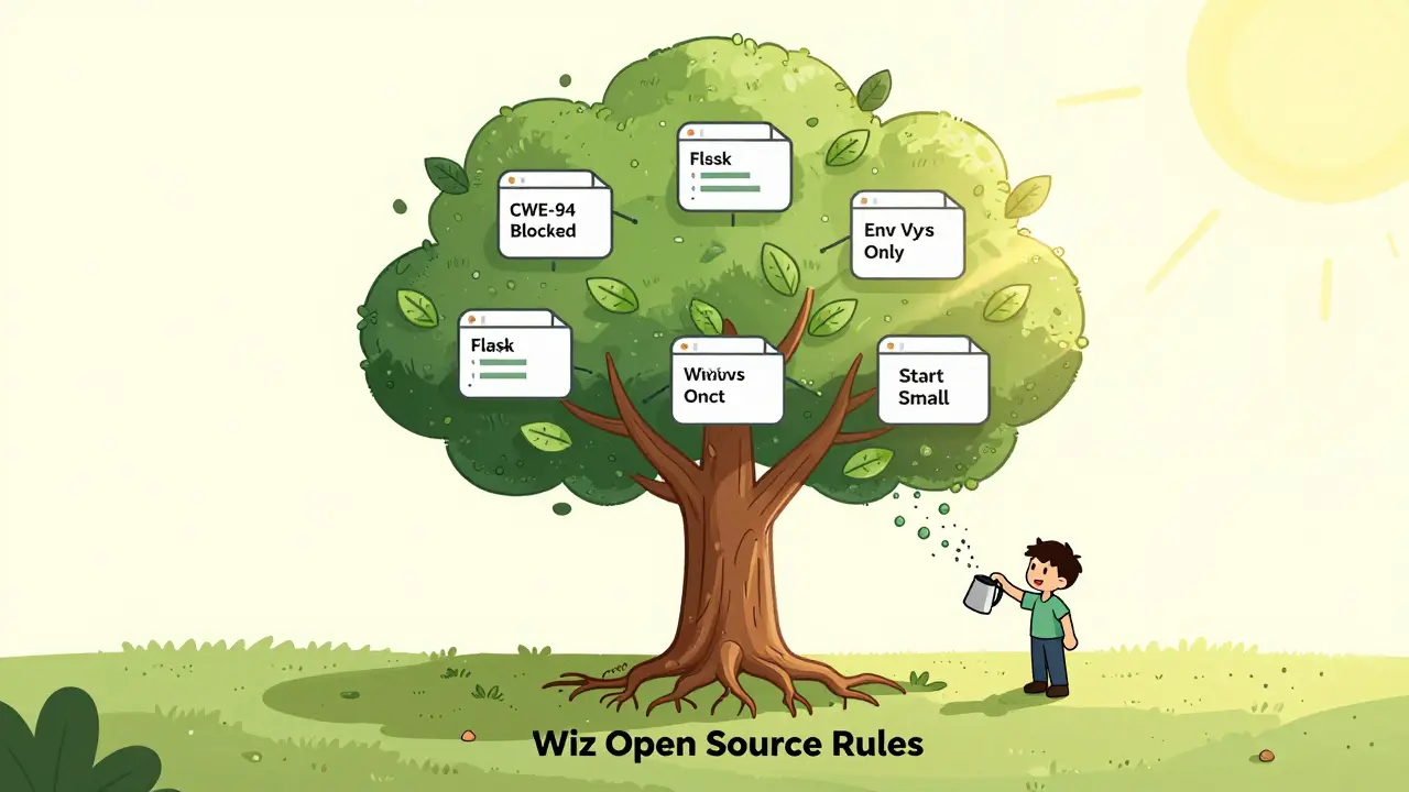 Tree with code branches and security rule leaves, rooted in Wiz open-source rules, developer watering it.
