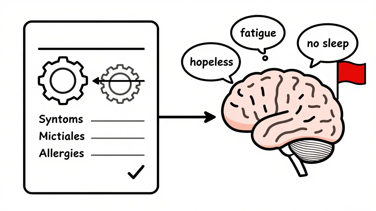 Two parallel streams processing a healthcare form — one extracting facts, the other detecting emotional cues with an alert trigger.