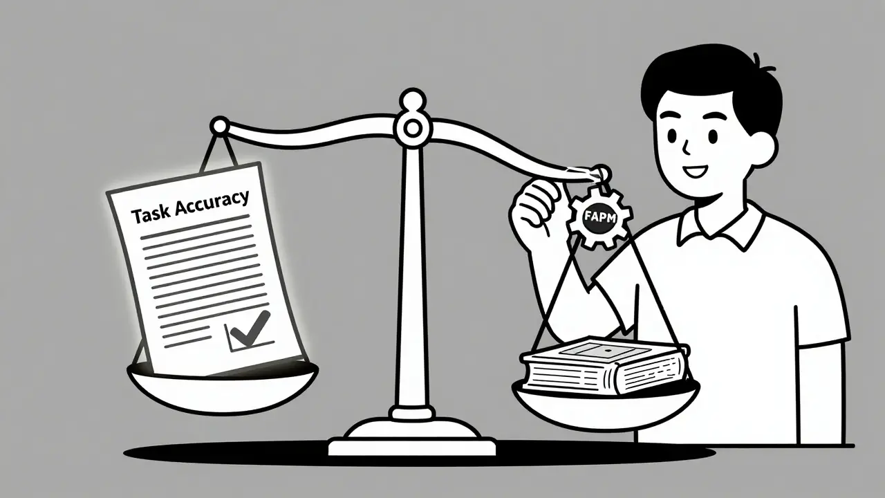 A balance scale weighing task accuracy against knowledge forgetting, with FAPM gear tipping it toward preservation.