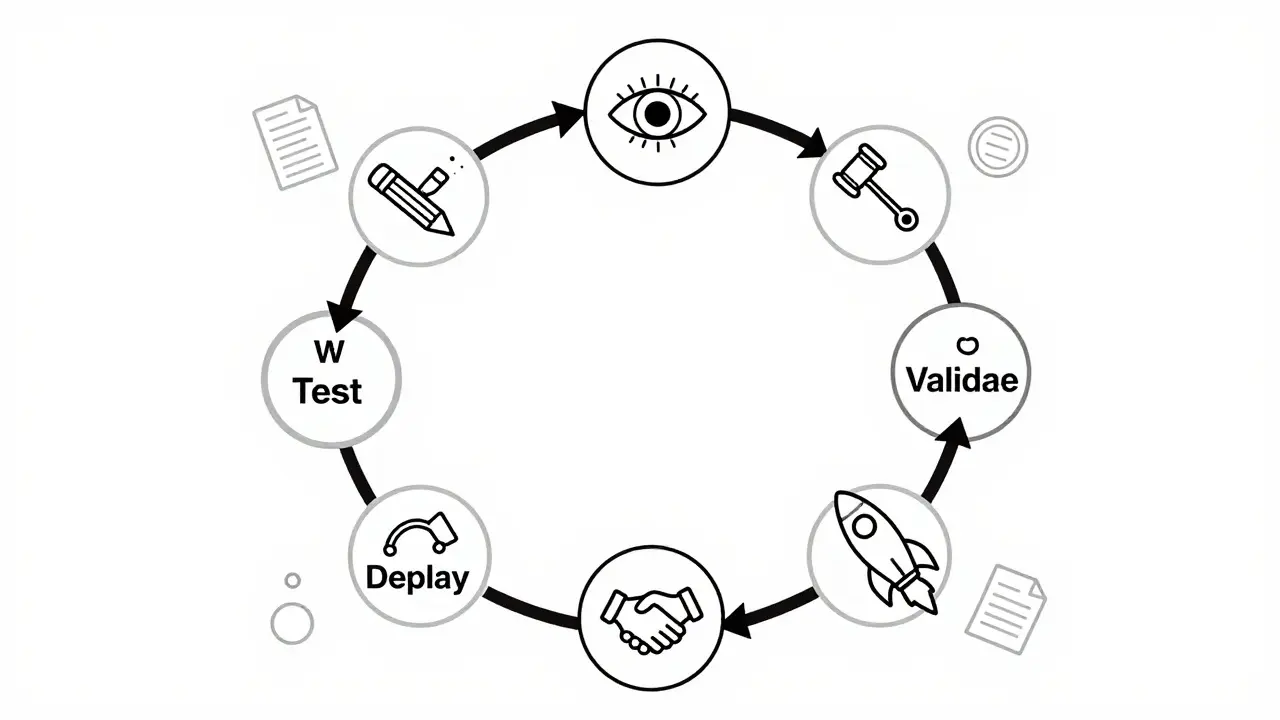 A circular workflow diagram with six steps, each marked by simple icons and surrounded by role, rules, and context symbols.