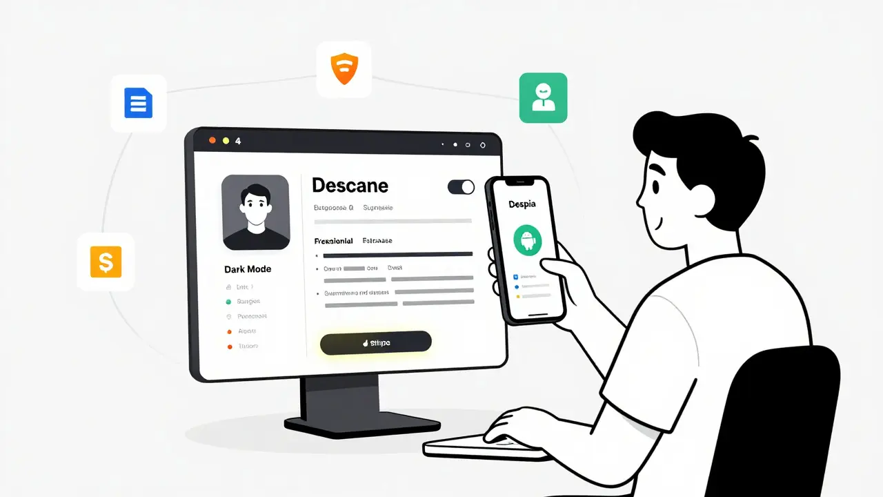 A designer viewing a resume builder app with a Stripe payment button, while an Android app icon forms from the web interface.