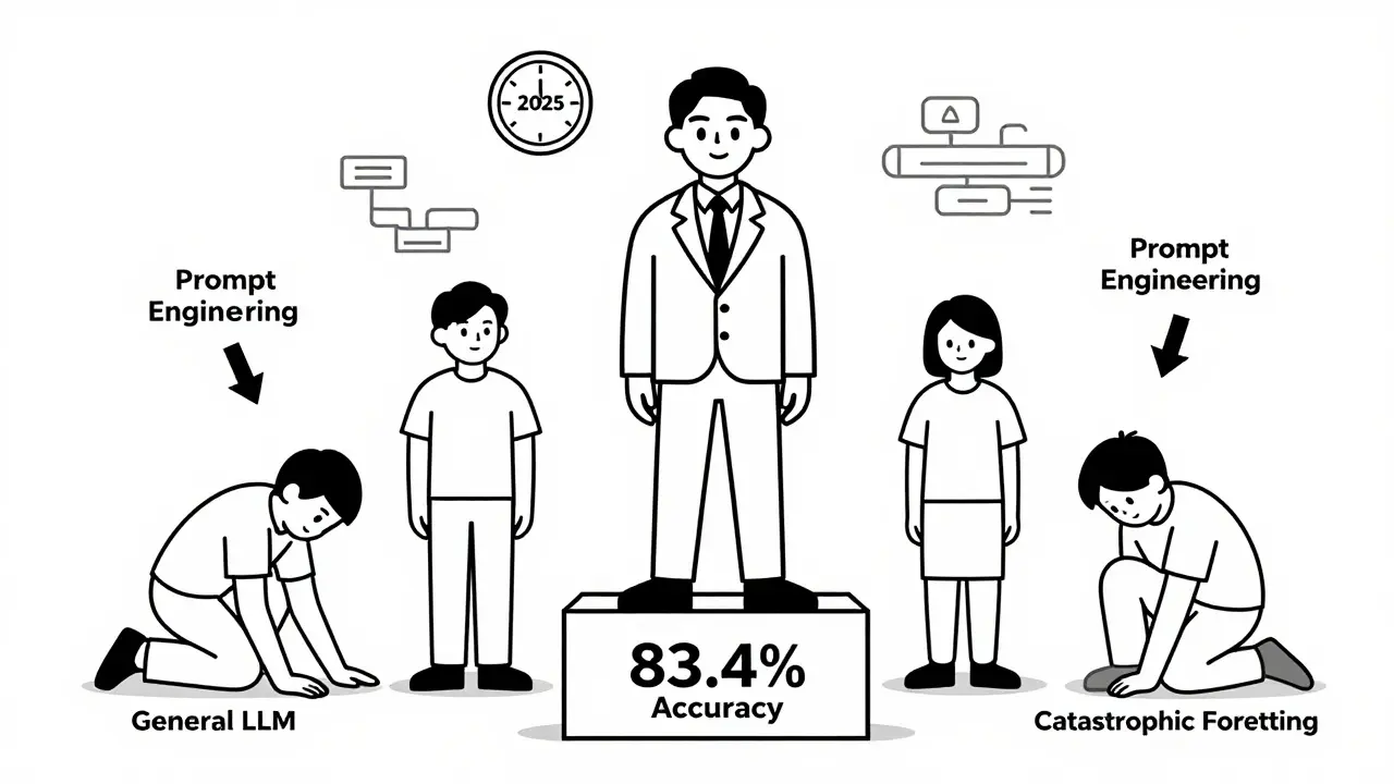A domain-adapted model standing tall on a podium while others fail behind it.