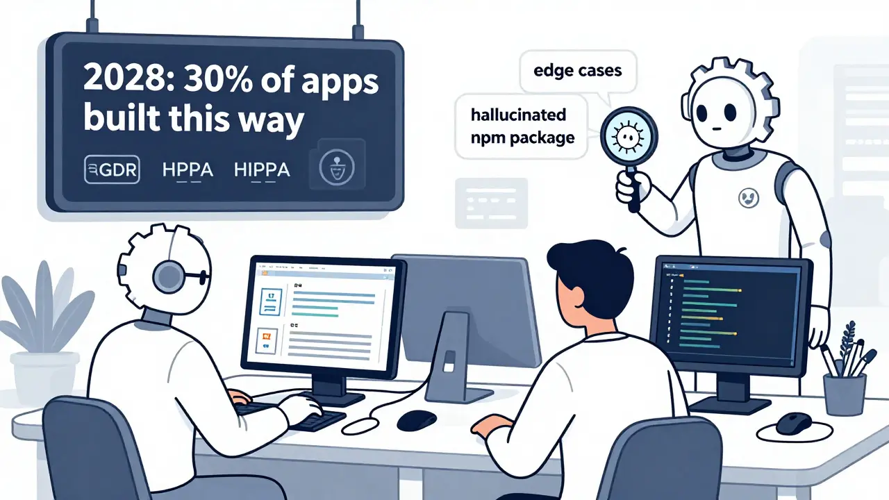 A human developer works alongside AI co-pilots reviewing code, spotting hallucinations, and preparing for production deployment.