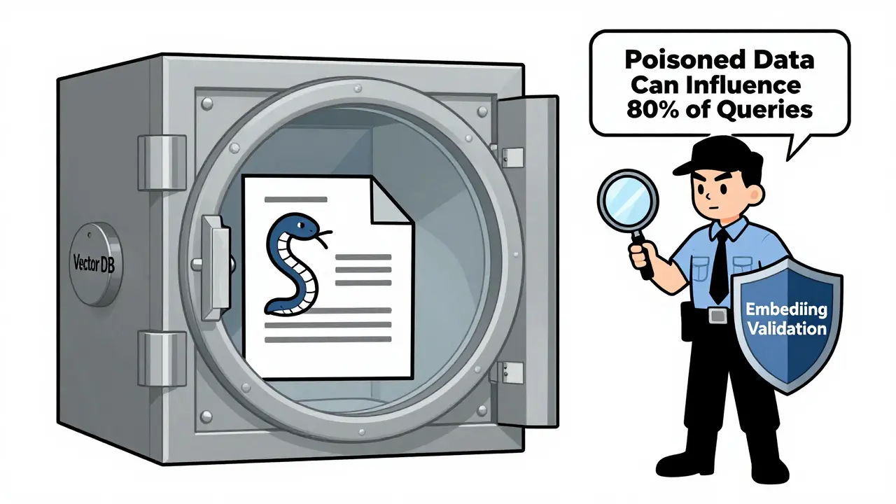 A malicious document entering a vector database, blocked by a validation guard with a warning sign.