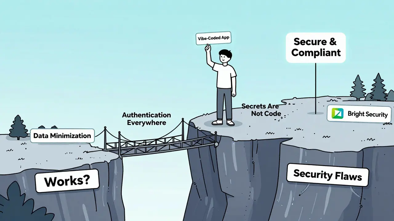 A person on a cliff of flaws, crossing three safety bridges to reach a secure app island with security logos.