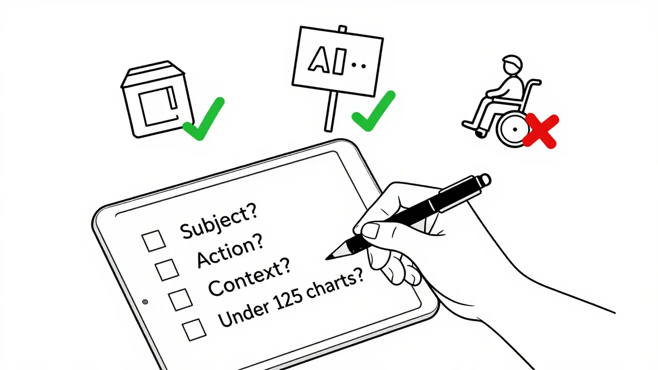 A person reviews AI-generated alt text on a tablet with a checklist, surrounded by flagged images of people and objects.