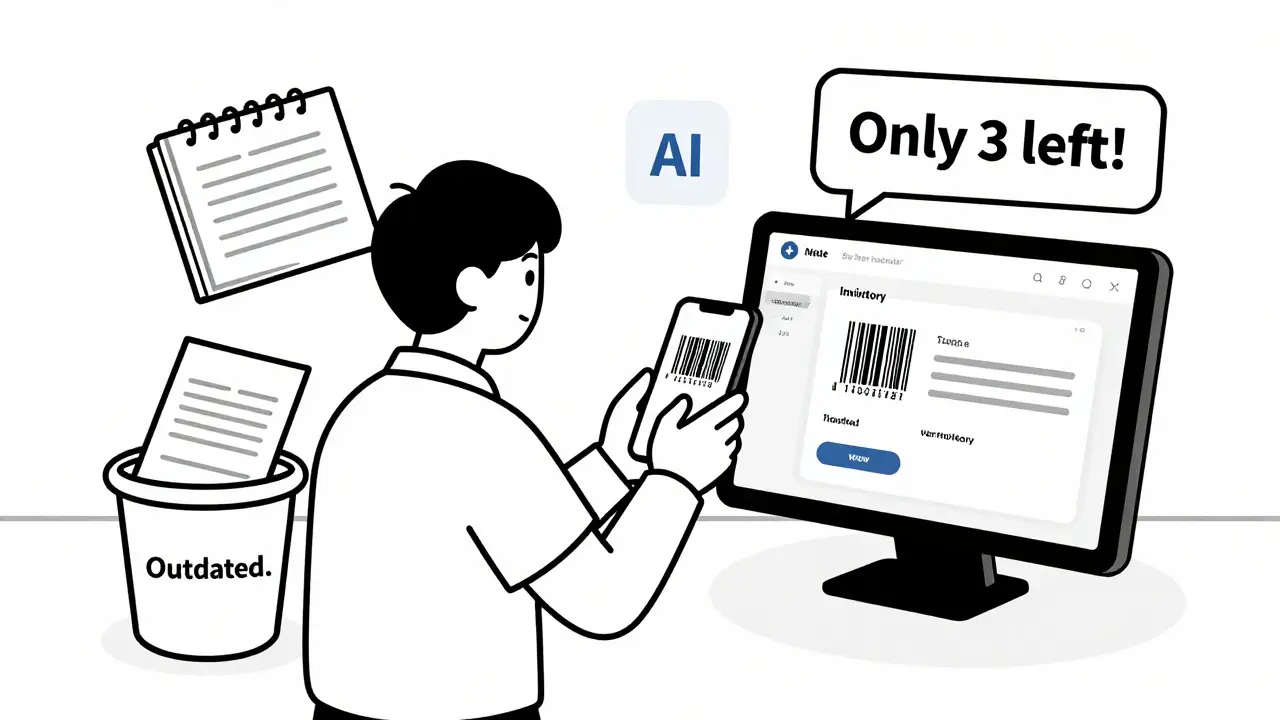 A shop owner scanning a barcode to update inventory on a smartphone, with a low-stock alert appearing on screen.