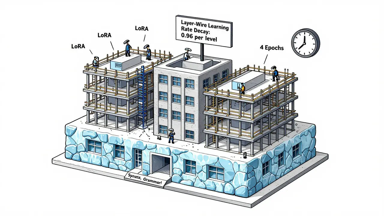 A transformer model as a building with frozen lower floors and active upper floors, workers using LoRA tools under a layer-wise decay sign.