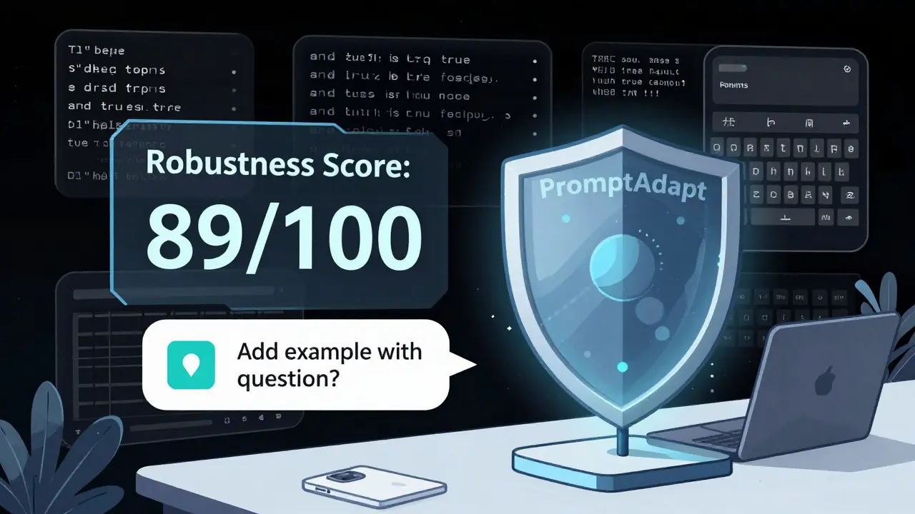 An AI dashboard displaying a robustness score and suggestion, surrounded by common input errors like typos and extra phrases.