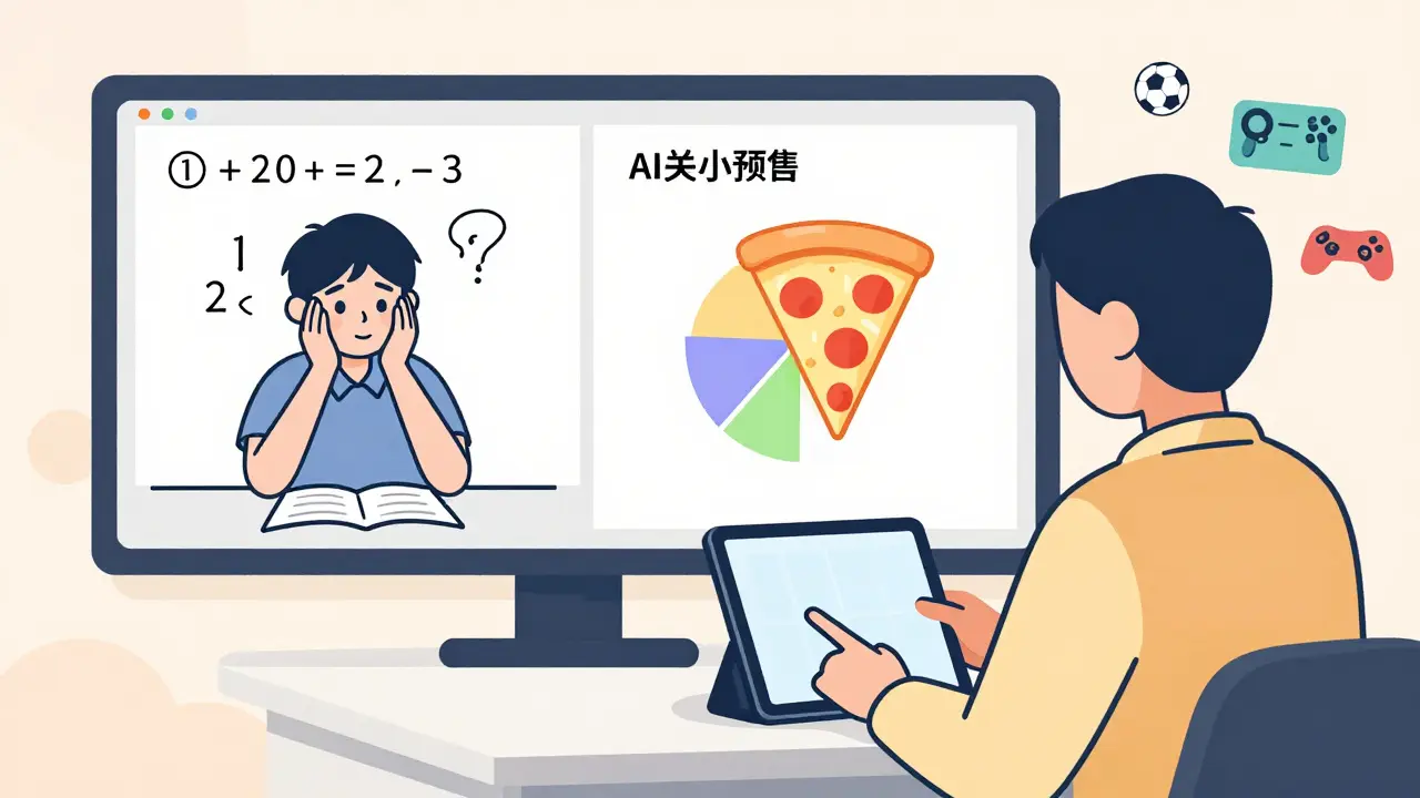 An AI tutor explains fractions using pizza slices and sports stats to help a student understand math visually.