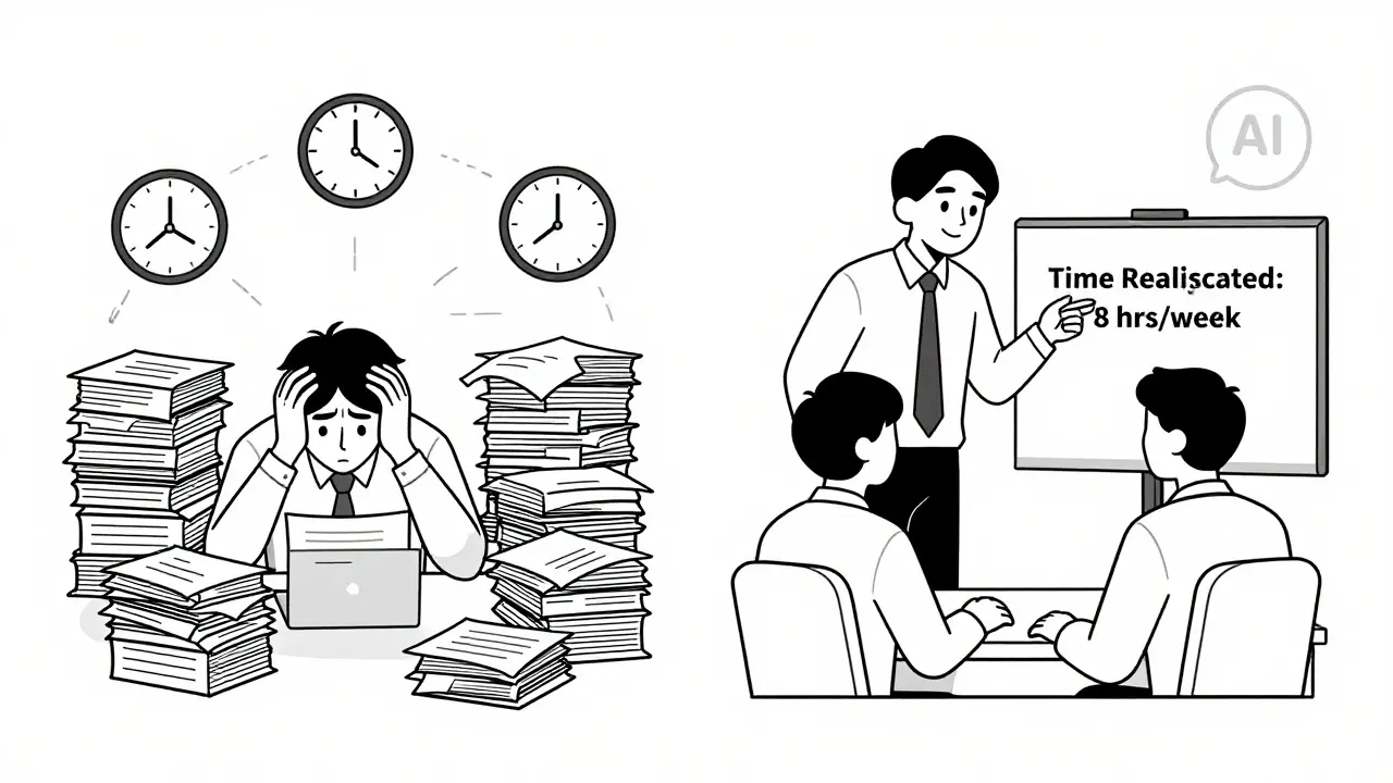 Before-and-after scene: stressed managers transform into engaged leaders using saved AI time for mentoring and strategic conversations.