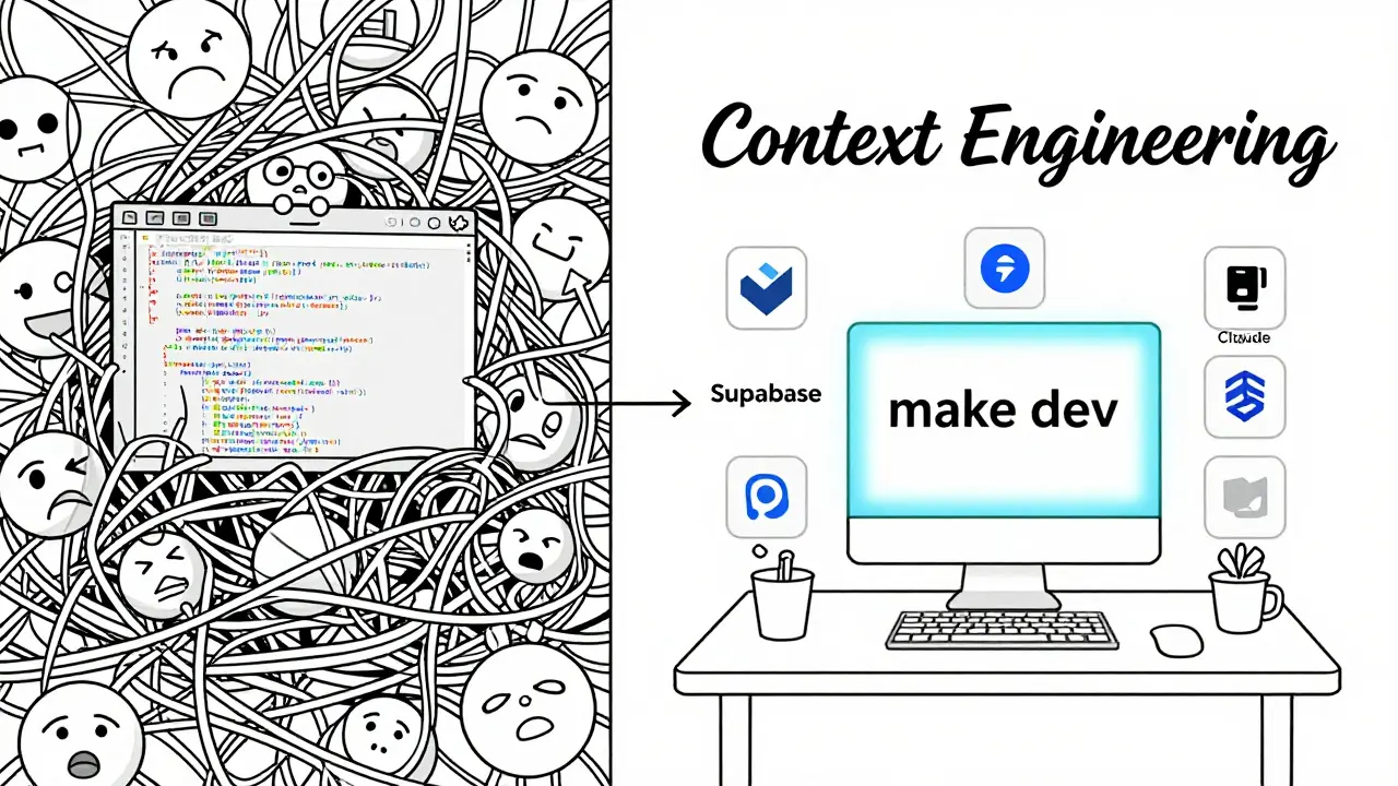 Chaotic code vs clean workflow with 'Context Engineering' arrow in monoline style