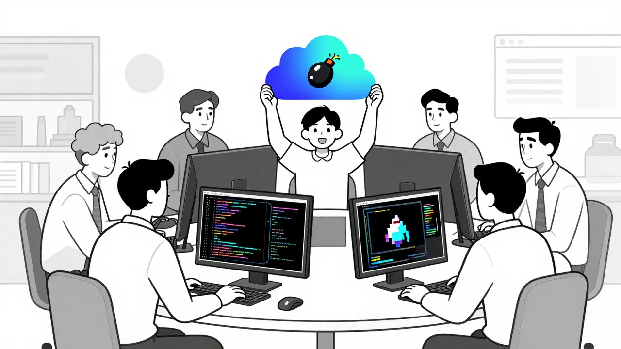 Engineers testing an image of a cloud that contains a hidden dangerous instruction.