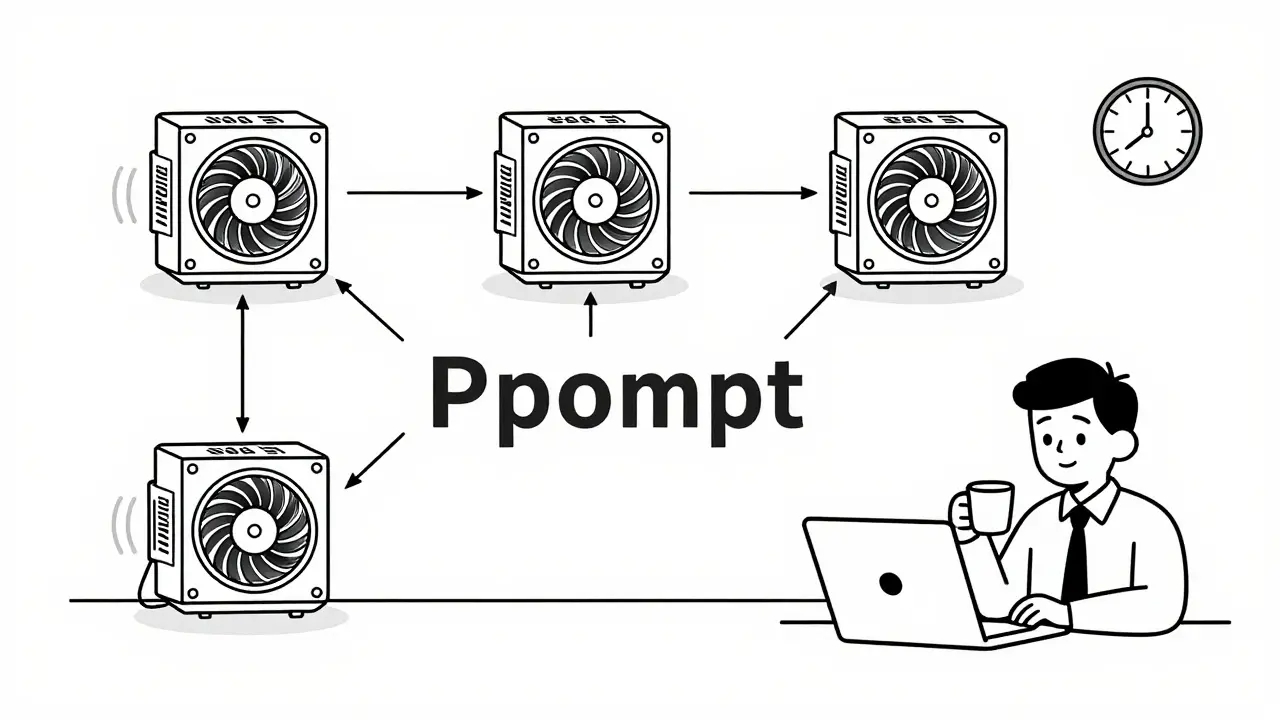 Four GPUs connected to a morphing prompt in a minimalist lab, with a tired engineer watching.