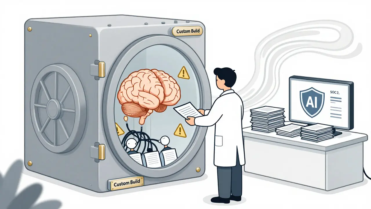 Healthcare data processed securely by commercial AI vs. struggling custom system