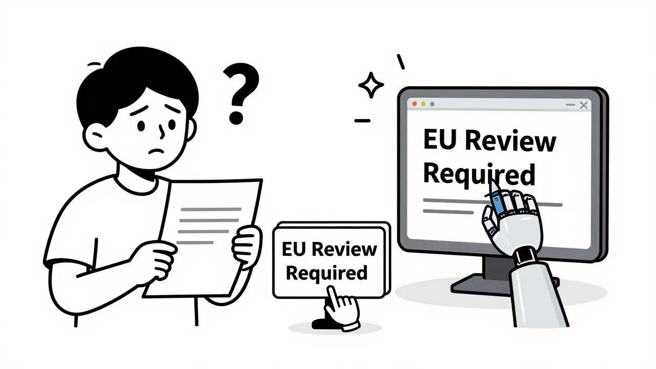 Human struggles with static prompt vs. automated system refining it, with EU approval stamp.
