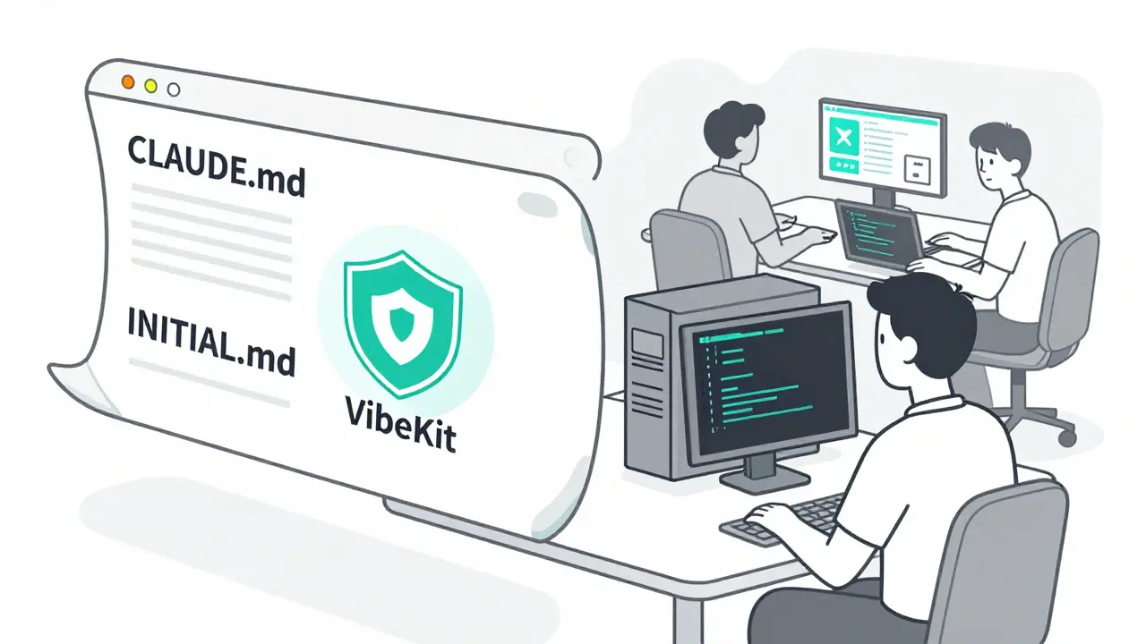 IDE with context files and sandbox shield, three developer archetypes in monoline style