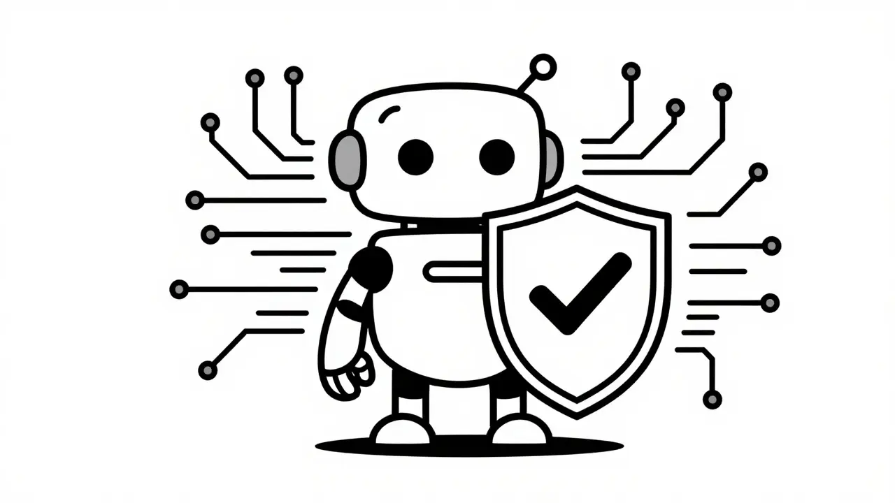 Robot with shield and checkmark for regulatory compliance in monoline.