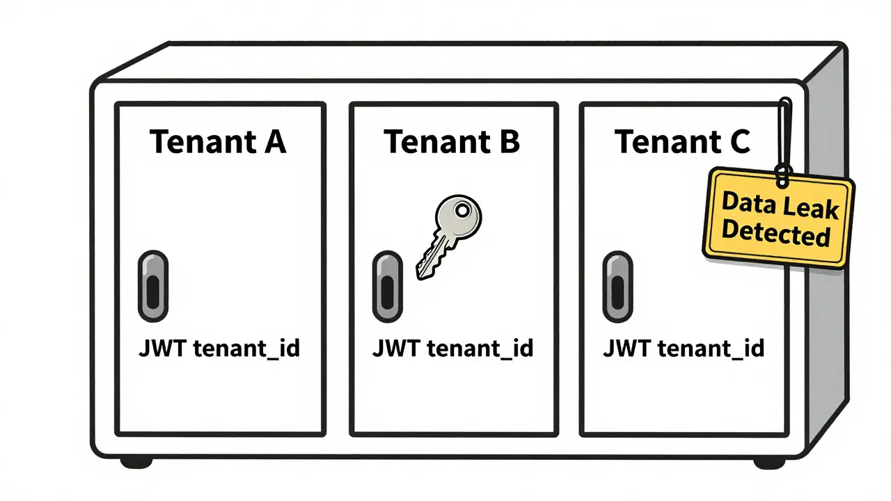 Single server with three tenant compartments, one missing its authentication key causing a data leak.