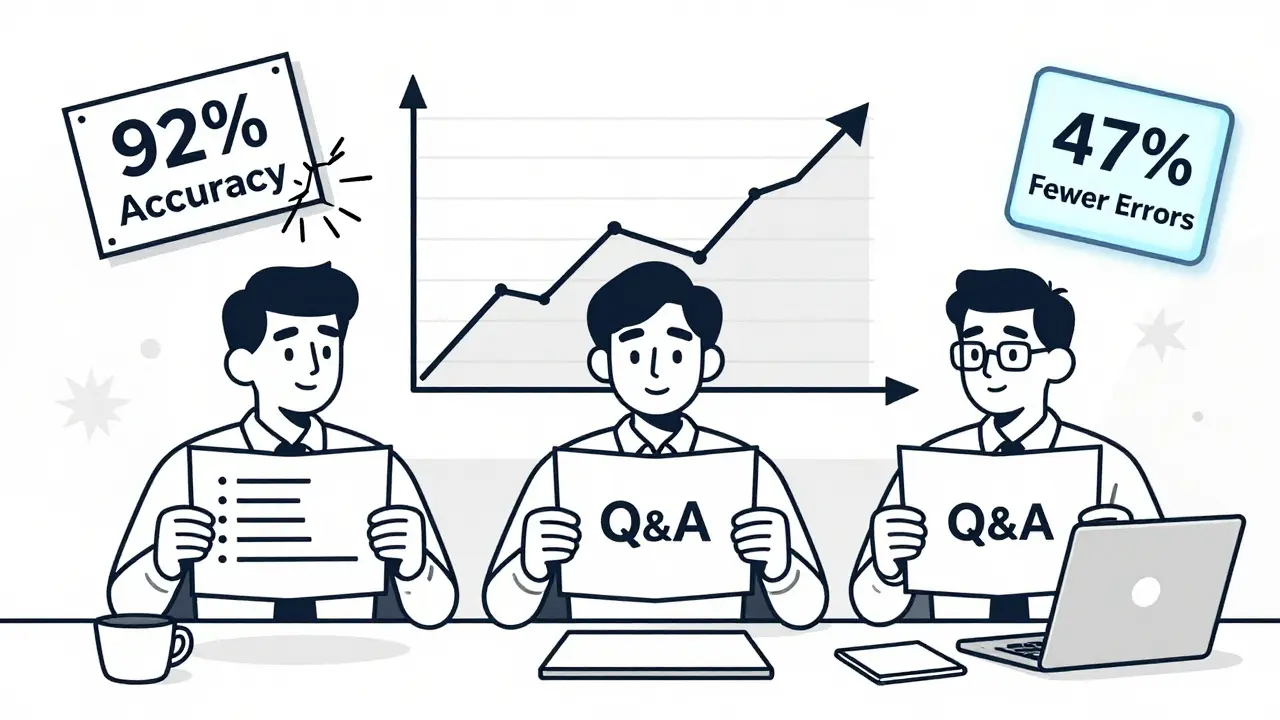 Three engineers testing different prompt formats, with a graph showing improved performance after mixing styles.