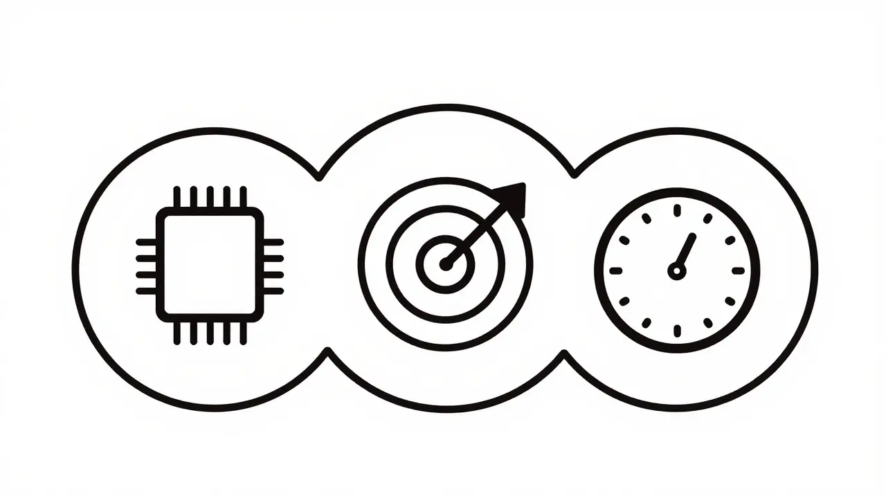 Three linked icons for size, performance, speed metrics in monoline.