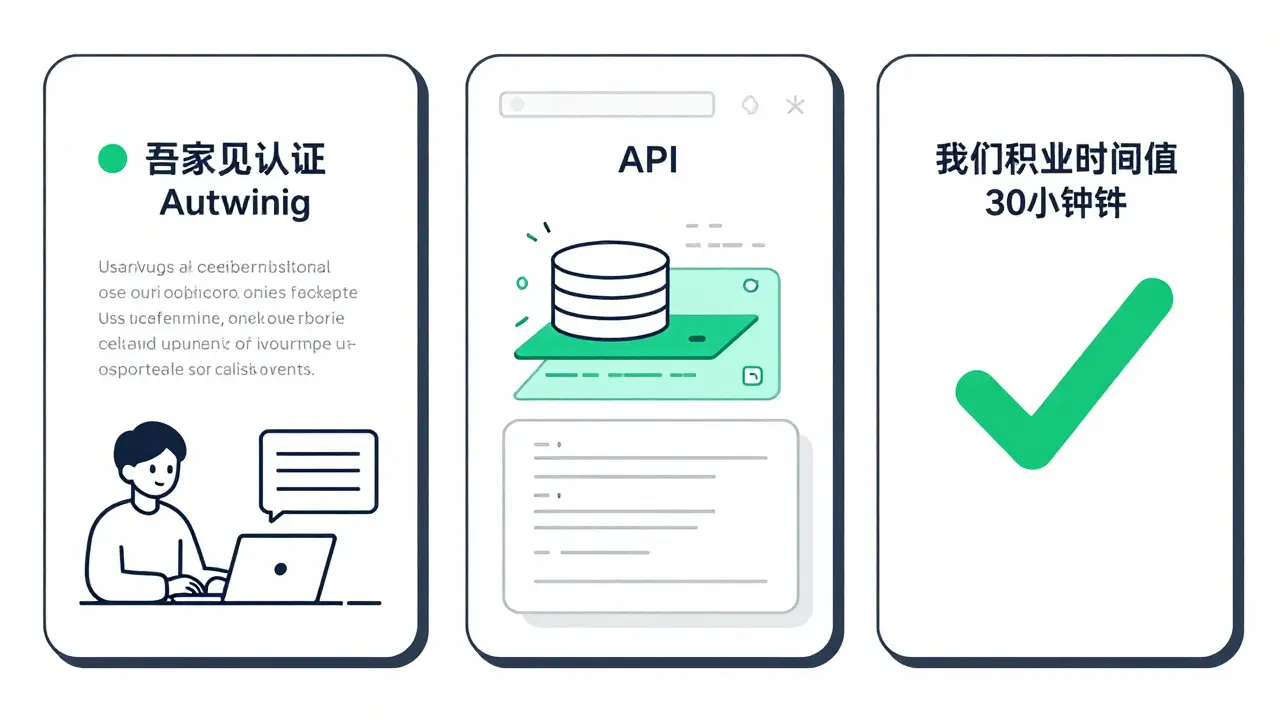 Three-panel illustration showing a vertical slice workflow: prompt, code generation, and deployment in under 30 minutes.